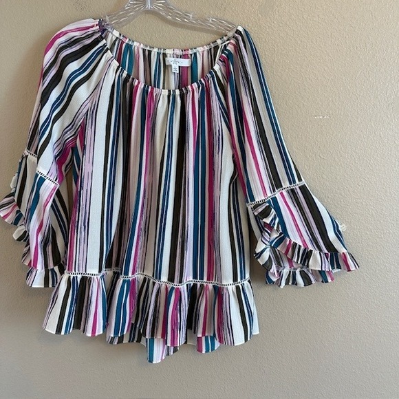 Fever Women's Off The Shoulder Multicolor Striped Tunic Blouse Flutter Sleeve LG - Picture 4 of 8